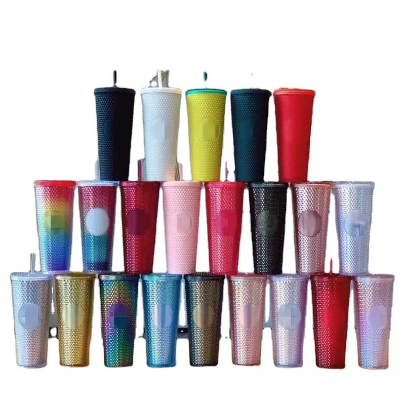 GXP 2023 Popular Black Matte Durian Cup Pineapple Cup Plastic Grid Coffee Tumbler Cups with Lid and Straw