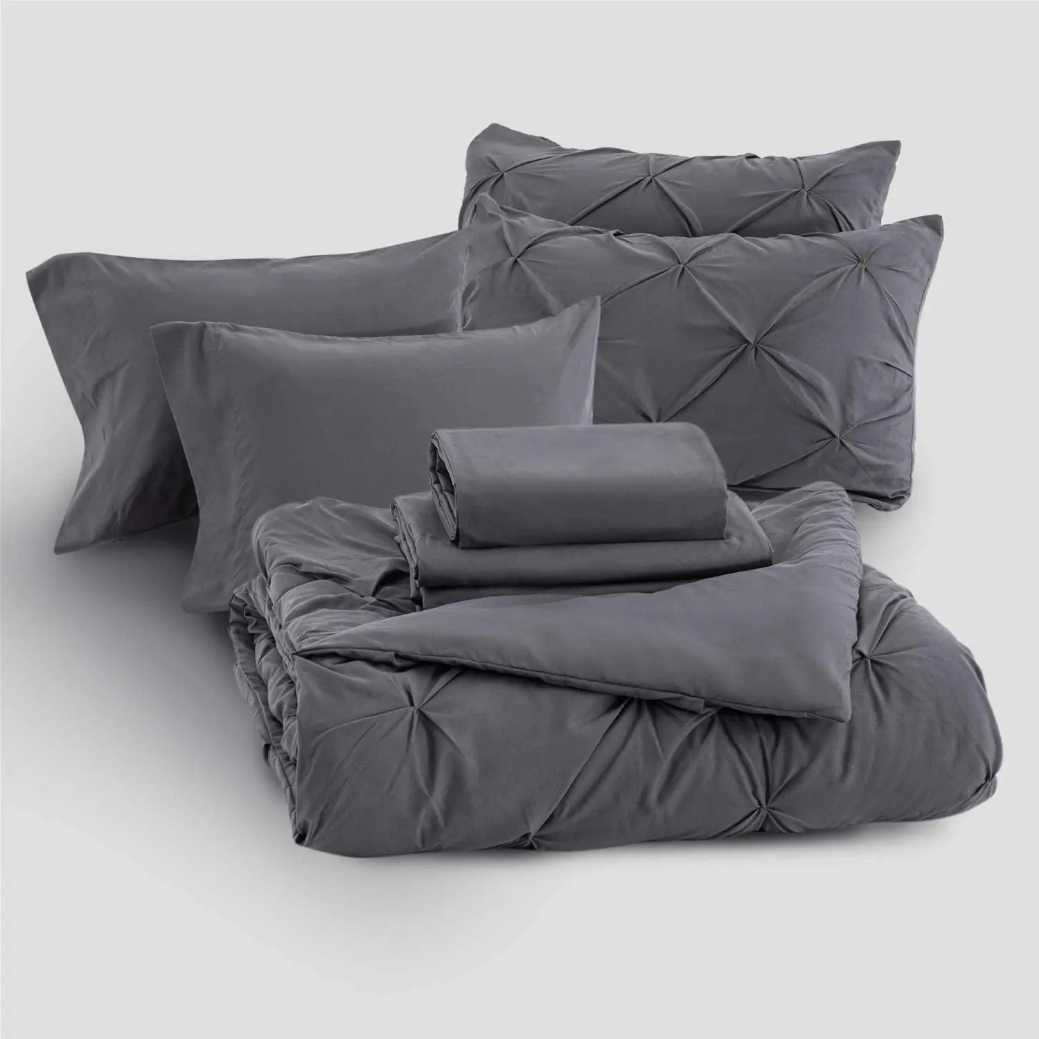 Dark Grey  Bedding Comforter Sets 8 Pieces Pintuck Bed Comforters, Duvet quilt Sheets, Pillowcases & Shams