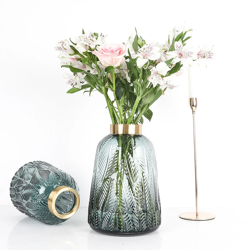 Amazon Ins creative Nordic tabletop large Glass Vase leaf pattern with gold-rimmed home Decorative Flower Glass crystal Vases