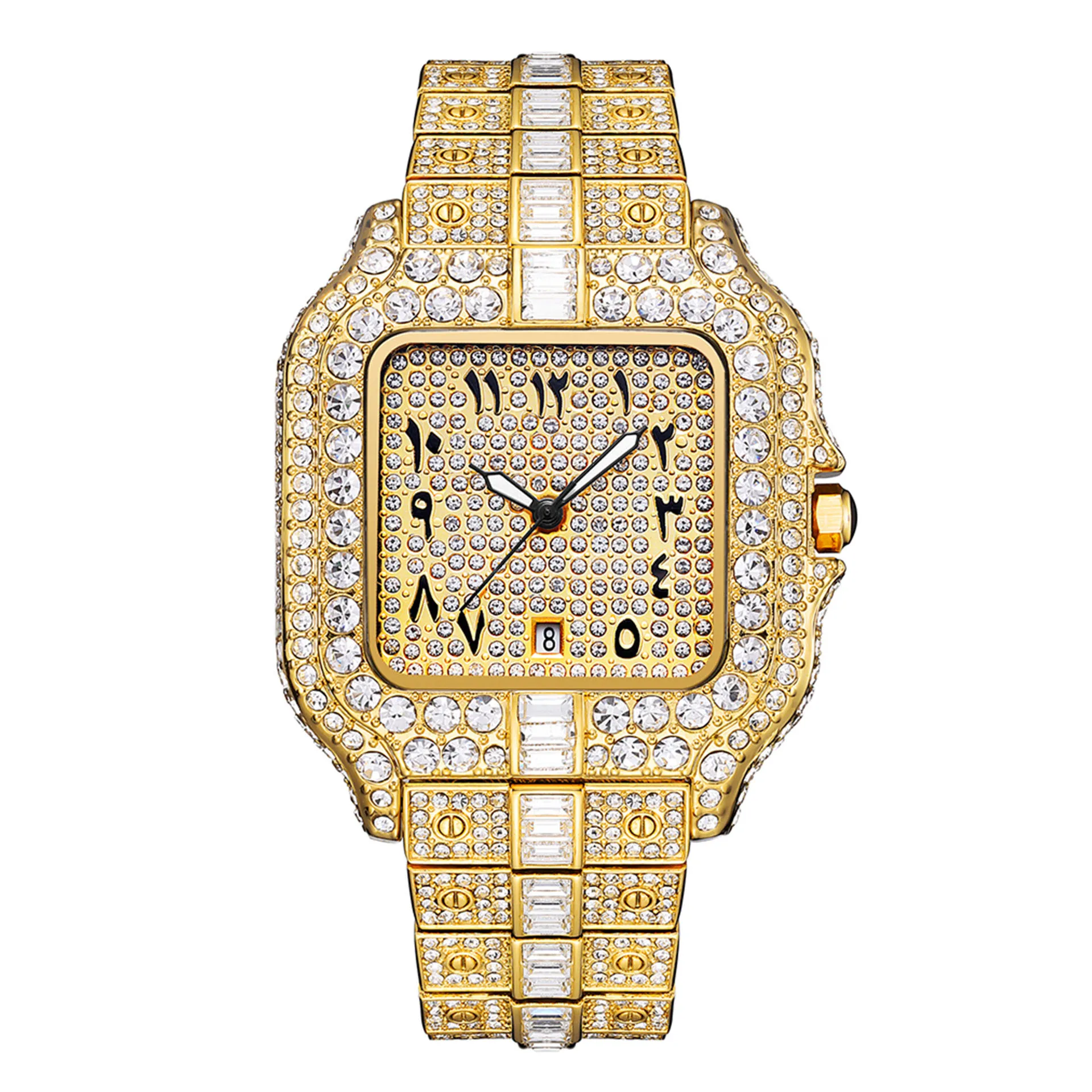 3Bar Water Resistant Luxury Luminous Quartz Watches Men Fashion Diamond Gold Silver Hip Hop Complete Calendar Wrist Watch