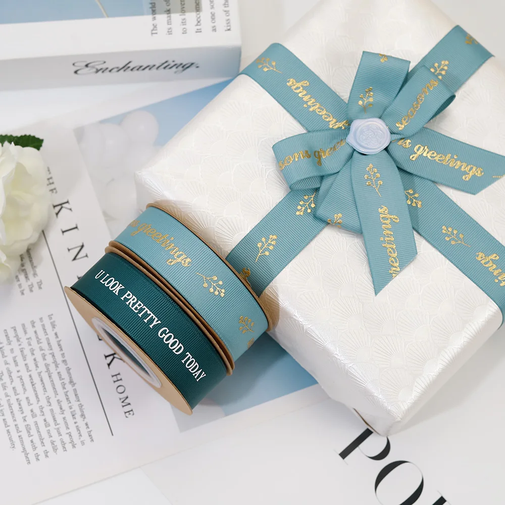 Custom Sized 22mm Blue Matt Satin Gold Foil Printed Grosgrain Ribbon With Logo Embossed