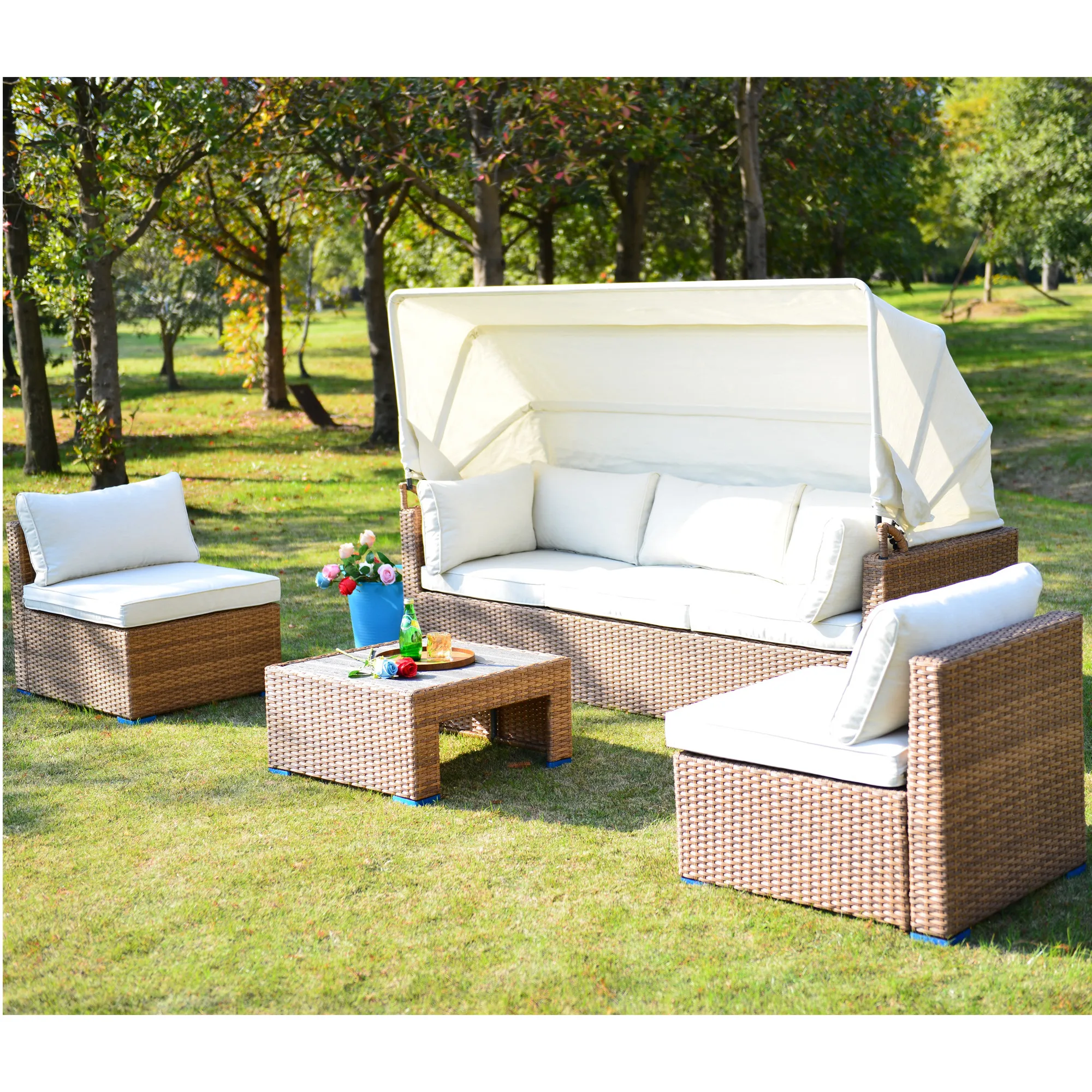 All-Weather PE Rattan Metal Furniture Sunbed Outdoor Rattan Daybed Patio Set Retractable Canopy Garden Sofa with Sun Visor