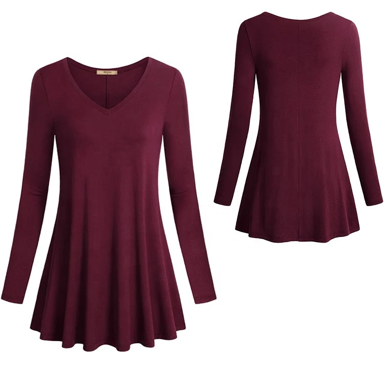 2021Hot Sale Swing Ladies V Neck Long Sleeve Loose Fit Casual Long Tunic Tops Spring Fall Knitted Blouses For women Wholesale f