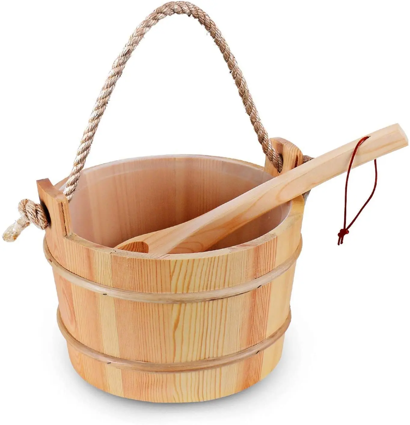 Amazon Hot Sale Natural High Quality Pine Sauna Bucket with Ladle Handmade Wooden Sauna Spa Accessory - 5 Liter Sauna Bucket