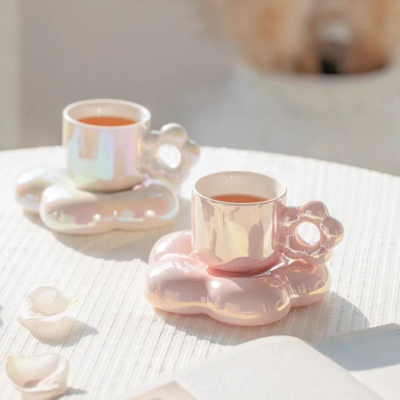 Migo inductive rainbow color pearlescent mug gift cloud ceramic tea cup flowers coffee cups and saucer set