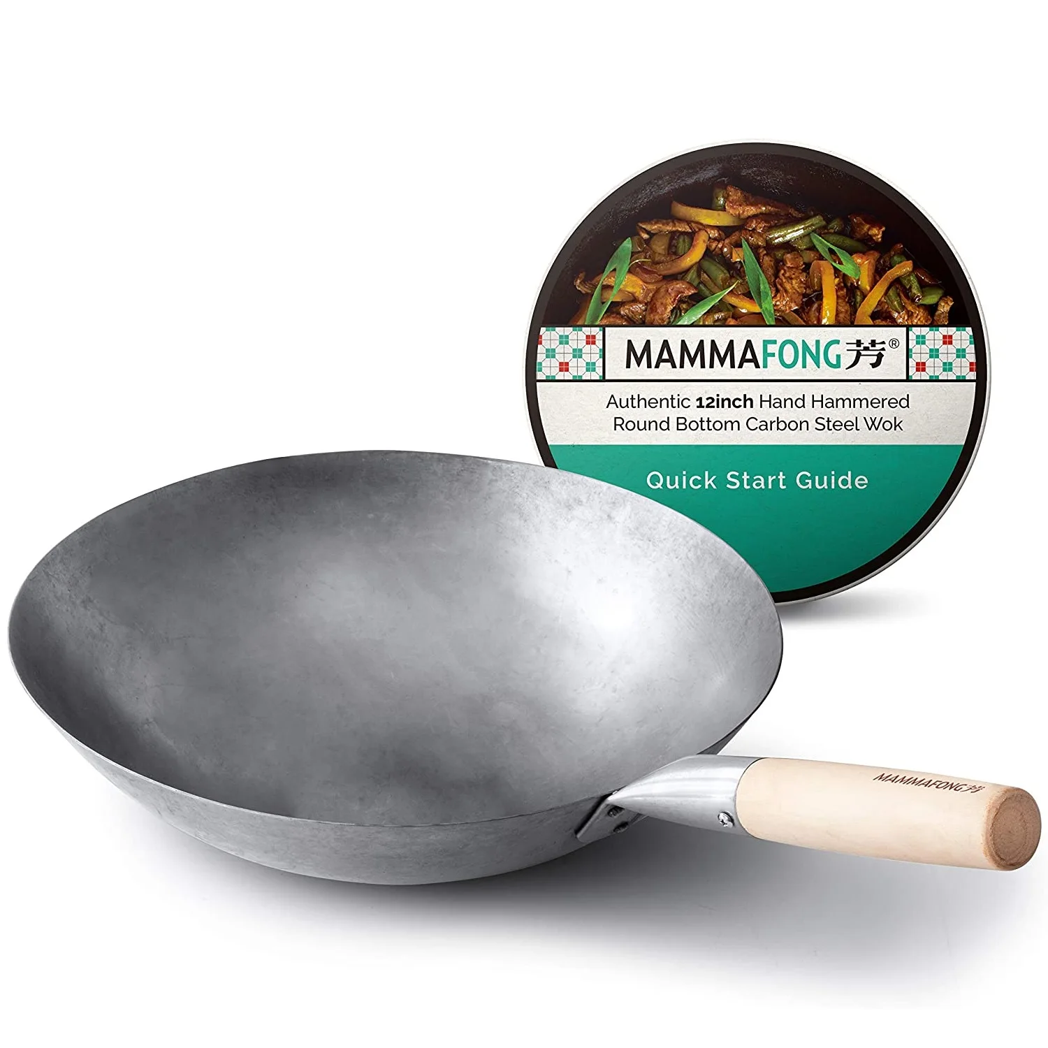 Hand hammer carbon steel round bottom wok 12 inch kitchen chef professional wok with wooden handle