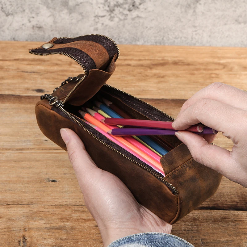 School Stationery Large Capacity Carrying Drawing Sketching Crazy Horse Leather Pencil Case Box with Zipper Strap Pencil Bag