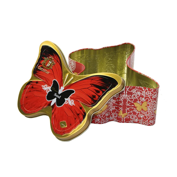 top quality butterfly shaped empty cookie tin can with lids