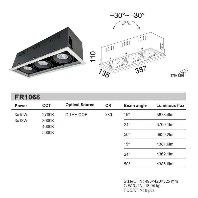 3 Heads 15W 18W Triple adjustable Cob Led Grille Light Recessed Downlights Wall Washer Ceiling Indoor Embedded Spotlights