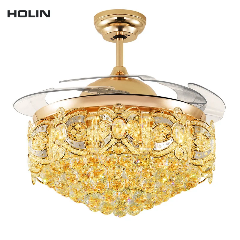 Luxury golden LED chandelier lighting remote control fancy pendant lamp home hotel modern crystal ceiling fan with light