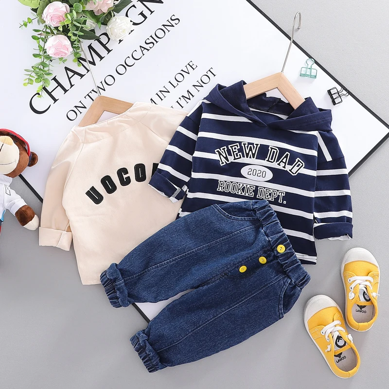 
New Design 2020 Spring Baby Girl Letter Stripe Hat Casual Three Pieces Set Kids Boy coat 
