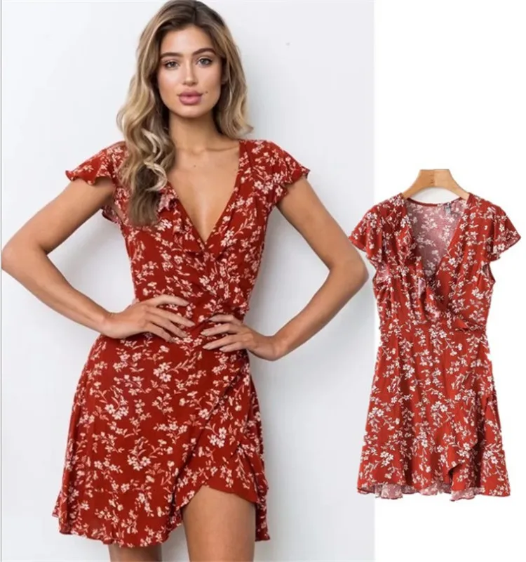 Bohemia Beach Dress V-Neck Floral Print Dress Sweet Ruffle Short dress