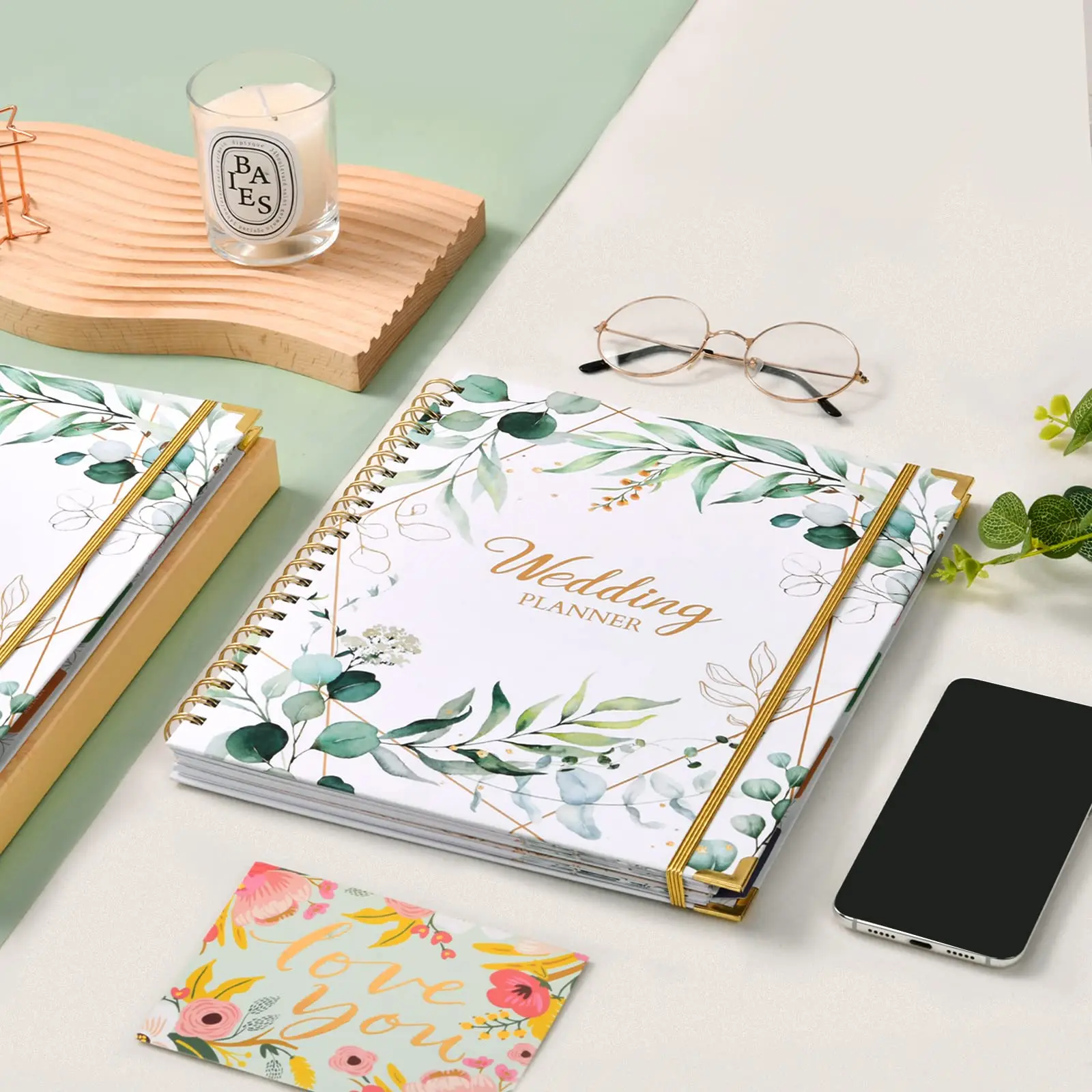 Custom Gold Foil Engagement Gift Diary Hardcover Wedding Planner Book Organizer with Metal Corner, Pockets, Sticker