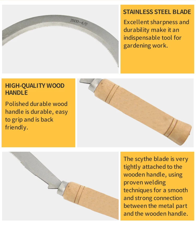 Carbon Steel Scythe Agriculture Grass Knives Wooden Handle Harvest Sickle Farming Rice Sickle