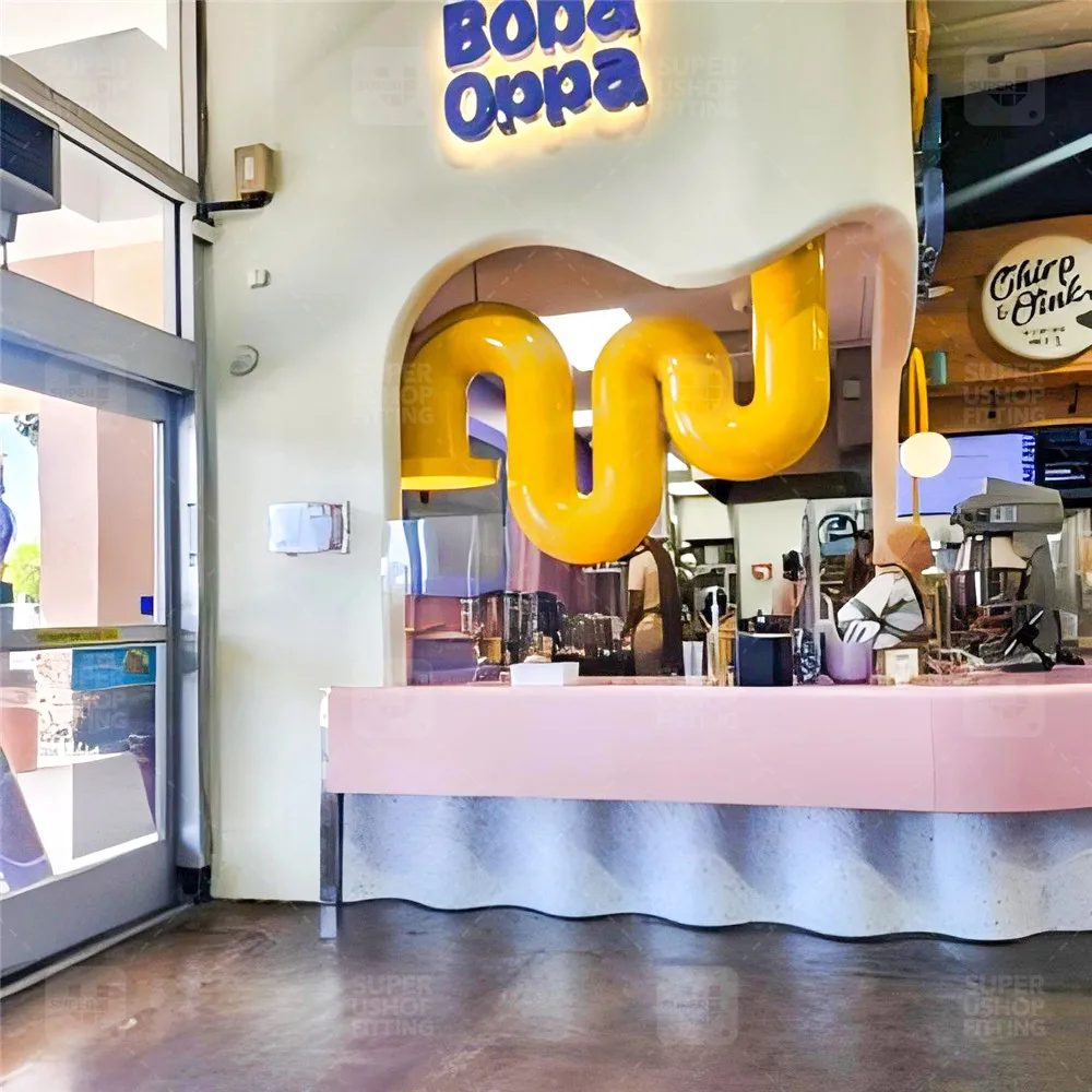 Modern Sweets Boutique Furniture Milk Boba Tea Mall Kiosk Coffee Bar Counter Customized Bubble Tea Shop Interior Design
