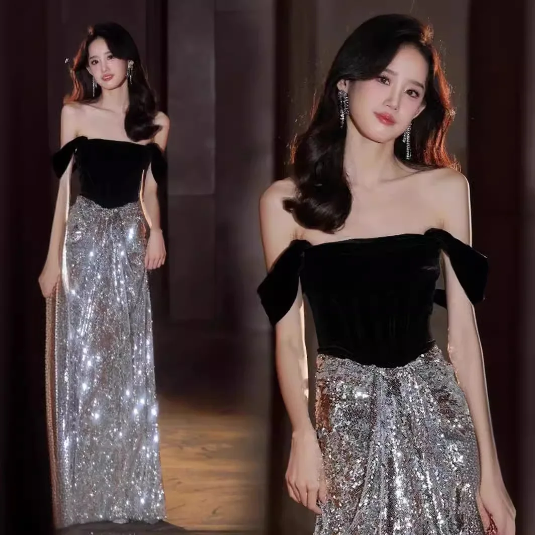 S2688R 2025 new high-end black one-shoulder velvet sequins gorgeous elegant sexy fashion evening dress