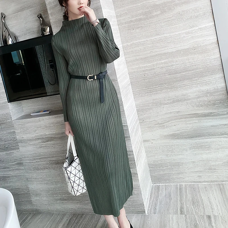 Miyake Pleated fast delivery solid color long sleeve simple casual korean loose plus size dress women fabrics dress