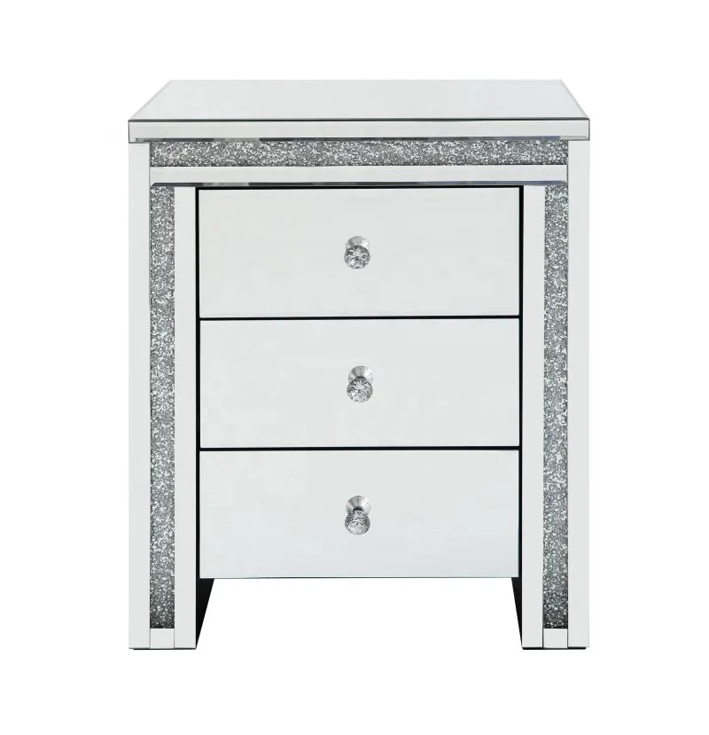 Modern Light Luxury Silver Wooden Bedside Table Bedroom Custom Furniture High Quality Diamond Mirror Side Cabinet