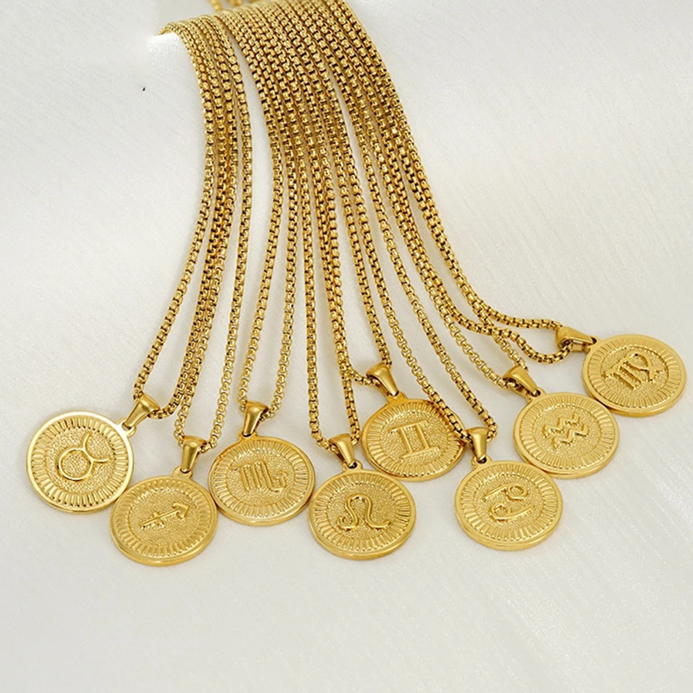 MECYLIFE Fashion 18K Gold Medal Pendant Women Fashion Zodiac Jewelry Stainless Steel Zodiac Necklace Horoscope Necklace