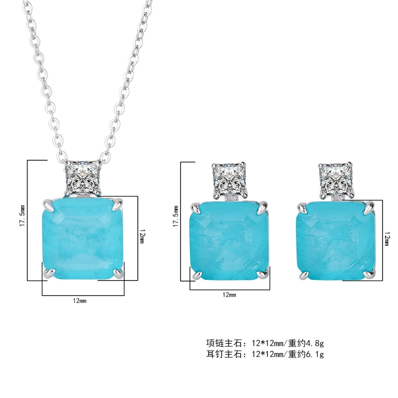 New S925 Sterling Silver Jewelry Set Love Hao Inlaid Blue Fusion Square Shape Necklace Women Fashion Wedding Set