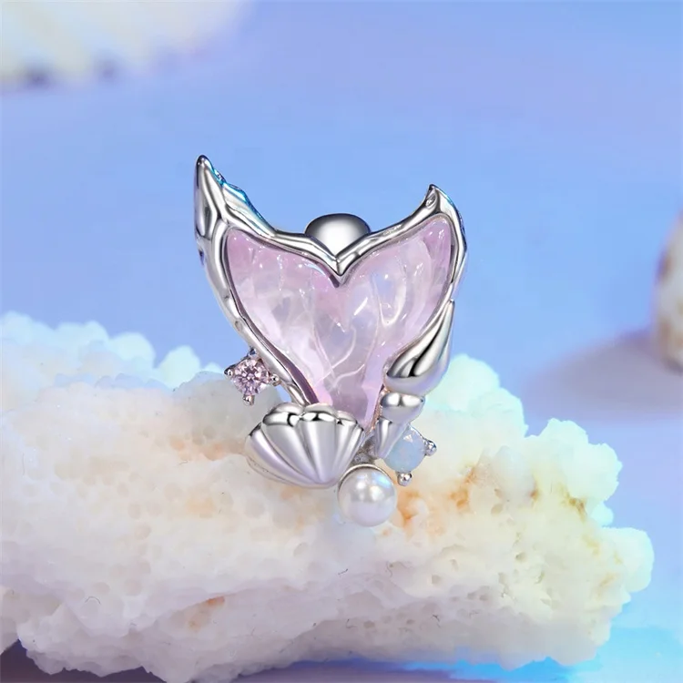 Youchuang custom fishtail pink diy pearl gemstone charm summer bling 925 silver luxury bracelet beads charms for jewelry making