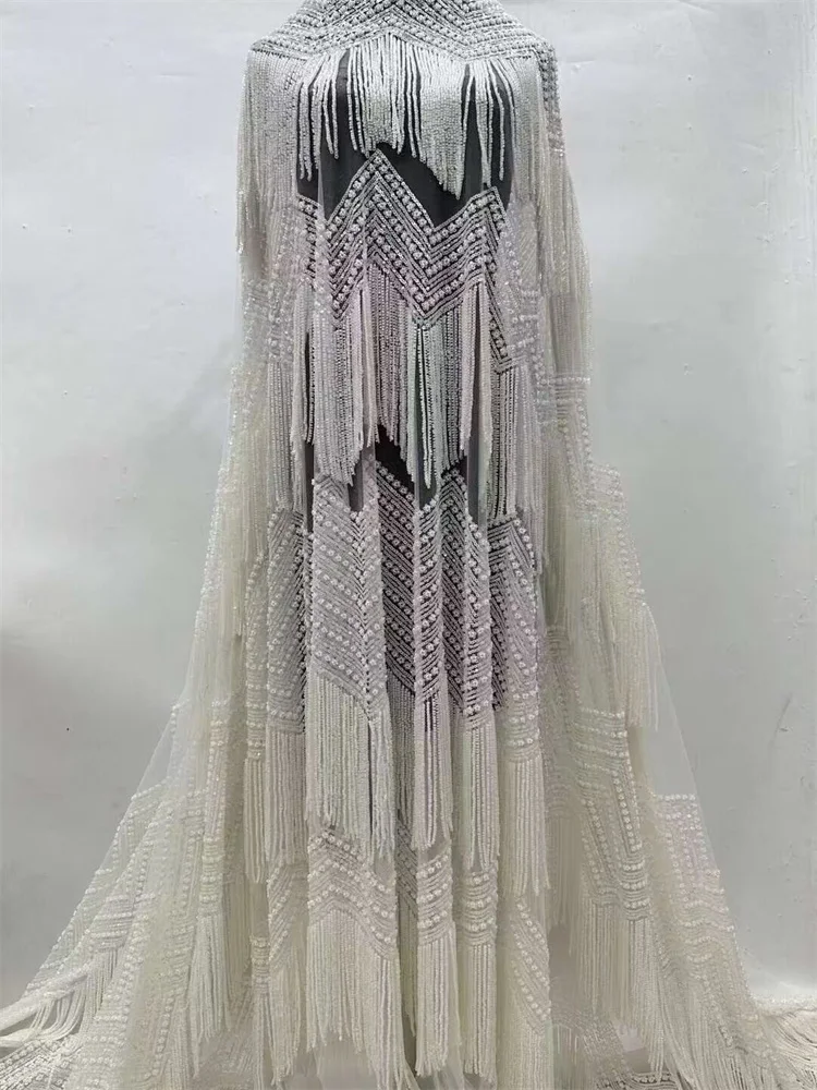 New 2024 Luxury Beading Tassel Fringe Lace Embroidered Beaded Tulle Fabric