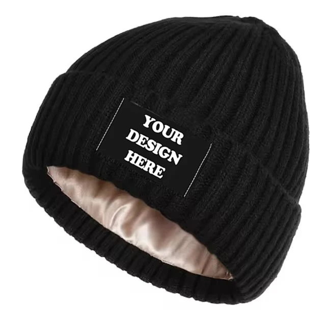 Зимняя трикотажная Шапка-бини с атласной подкладкой