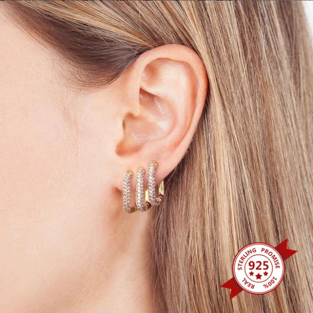 S925 Silver Needle Single Fashion Inlaid Zircon Earrings Geometric Square Ear Buckle Personality Trendy Simple Earrings