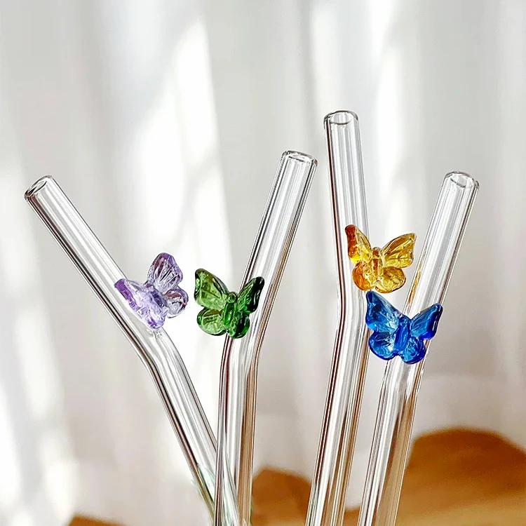 Colorful butterfly glass straws Environmentally friendly and reusable transparent bent straws with charm