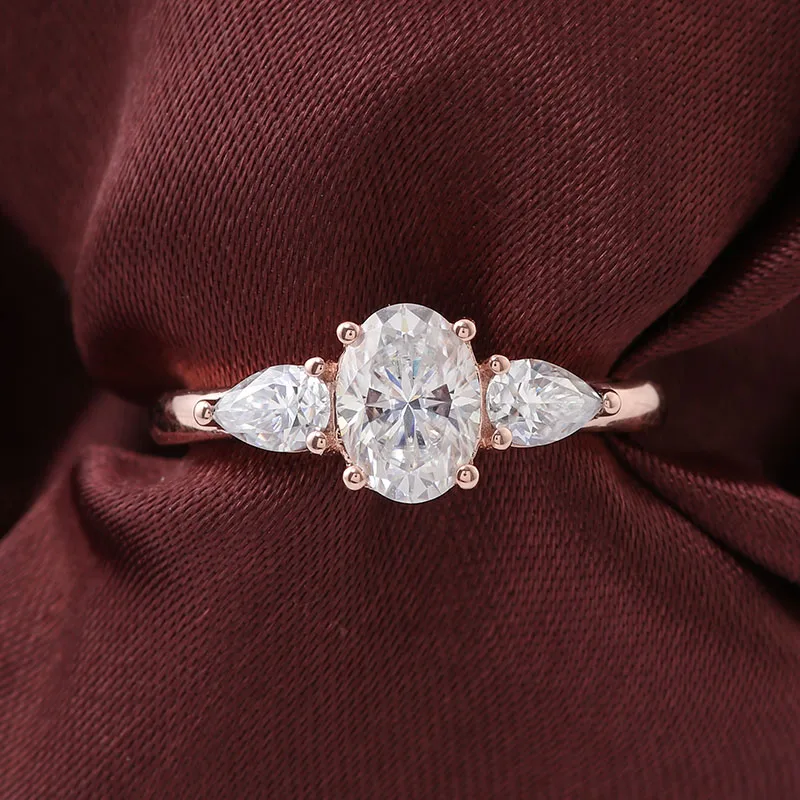 Redoors 3 stones 14k rose gold moissanite diamond ring 1 carat oval&pear loose gemstone engagement ring for women