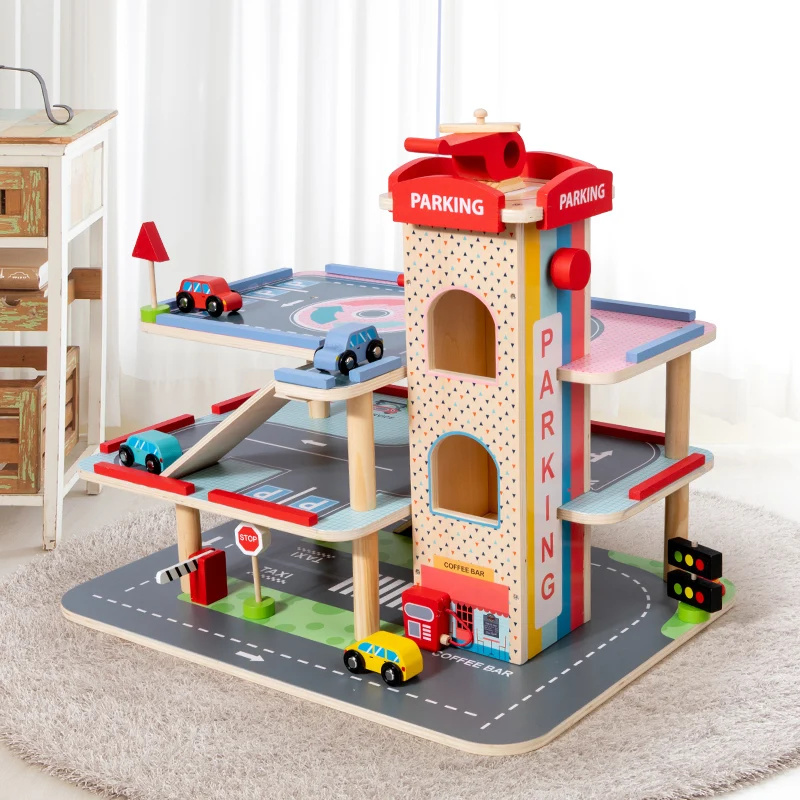 2023 Wooden montessori Race Track Car ramp Garage parking Play set Toy for Toddler Age 2-4 Year Old Boy