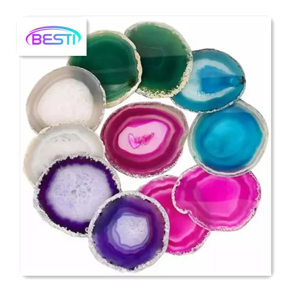 Wholesale Natural Quartz Stone Brazilian Polished Drilled Small and Large Agate Coaster Slices Gold side