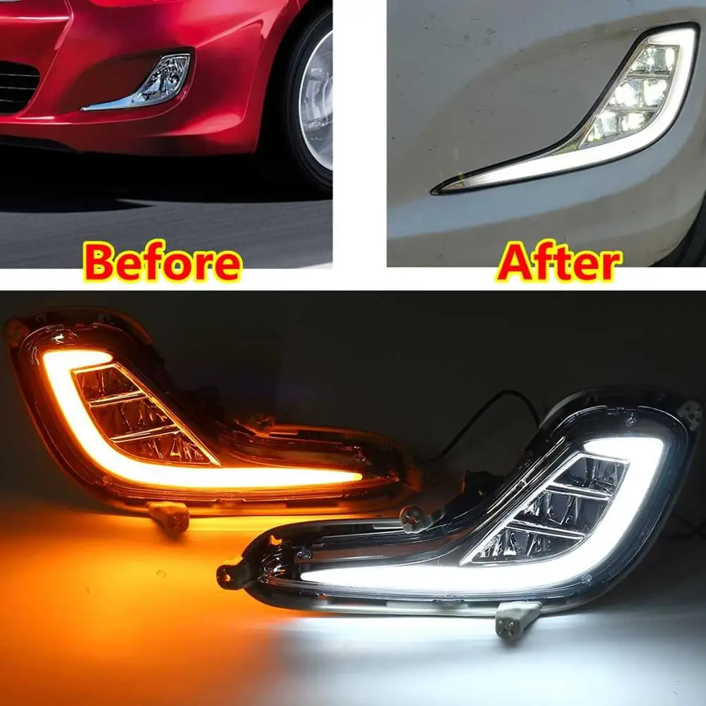 LED Daytime Running Light For Hyundai Accent Solaris 2010 2011 2012 2013 Yellow Turn Signal Relay DRL Fog Lamp accessories car