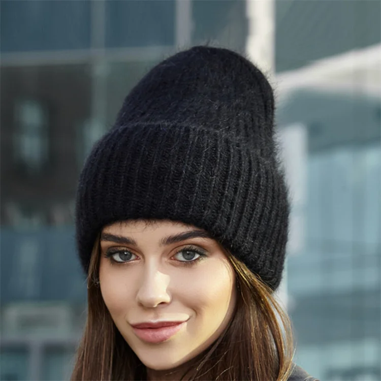 Custom Angora Wool Knit Hat Fluffy Angora Beanie Girls Grey Winter Wool Knitted Slouchy Hat