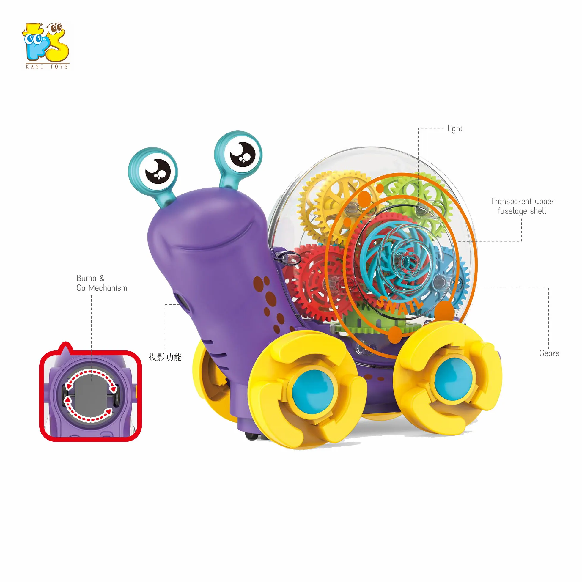 Baby music flashing light gear snail toy electric crawling projection small car rotating gear snail toy