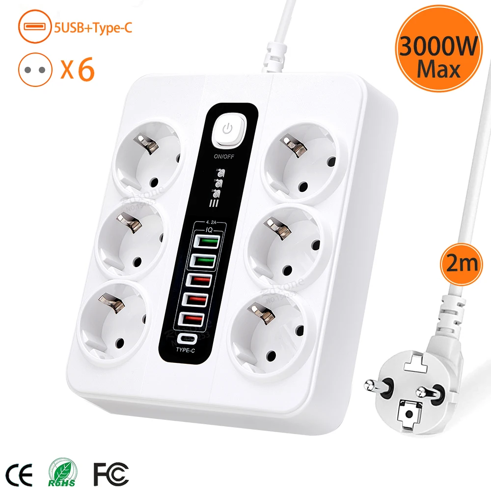 Power Strip With USB Type C Extension Socket With Overload protection for Home Office 3000W EU Plug Adapter 2M Extension Cable