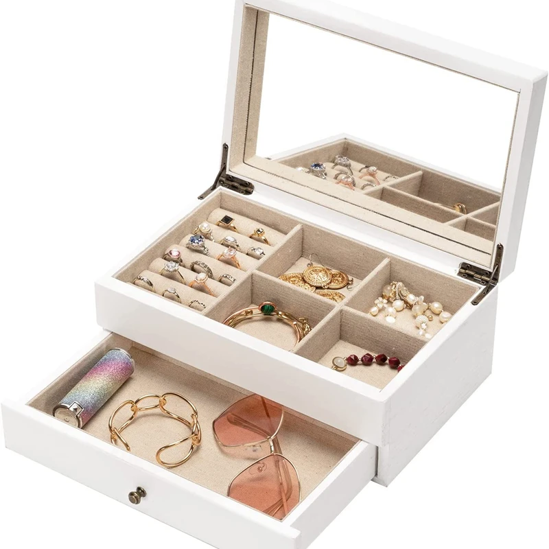 Женская шкатулка для драгоценностей Conch, шкатулка для хранения, Двухуровневая большая шкатулка для драгоценностей, деревянная шкатулка в сельском ретро-стиле с зеркалом и подносом для колец (белая)