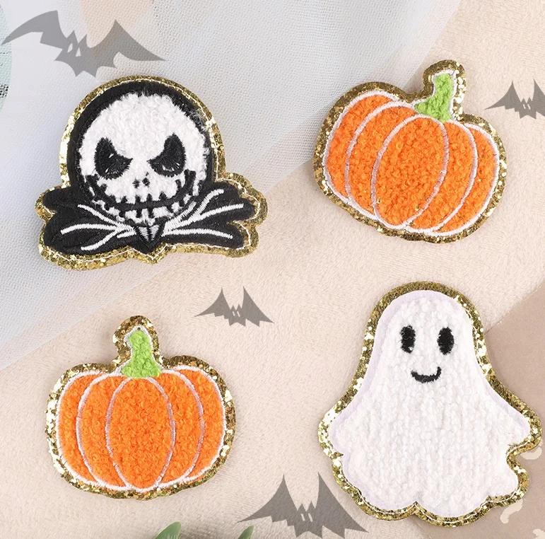 Cheap Custom Halloween Embroidered Pumpkin Skull Embroidery Towel Chenille Patches Applique