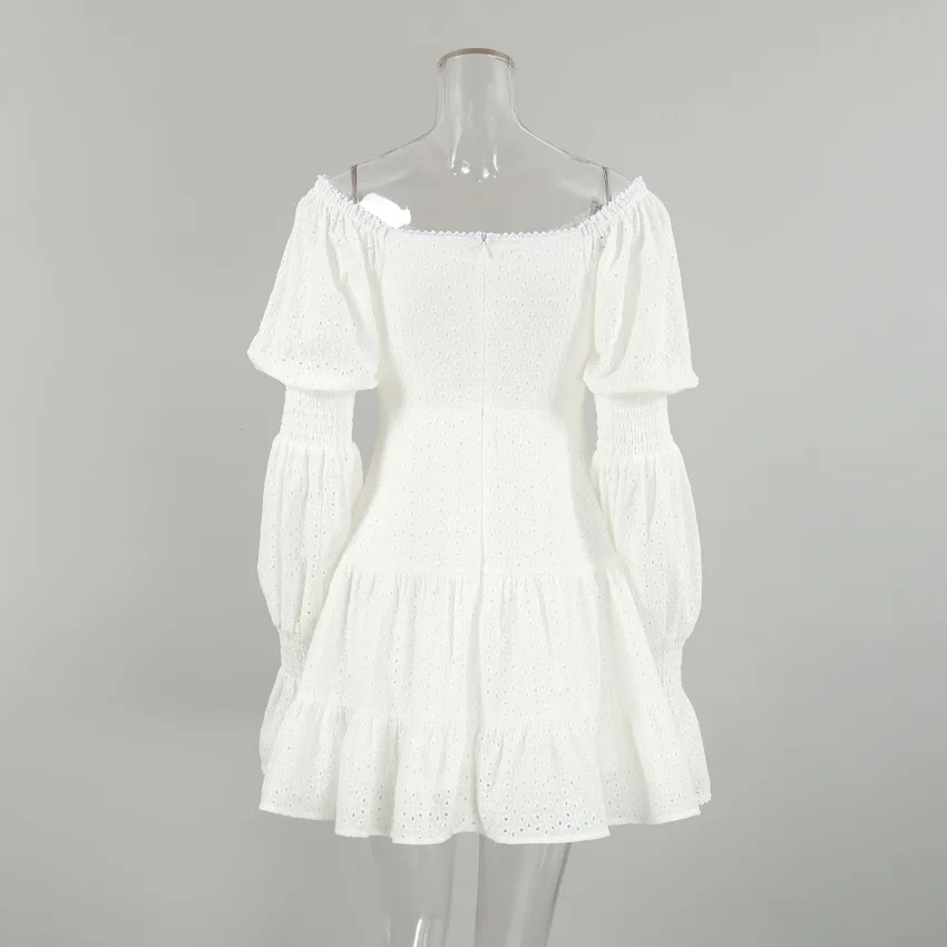 2024 Mini Dress tiered Woven Cut Out Crochet V-neck White Long Sleeve Eyelet Skater Mini Dress