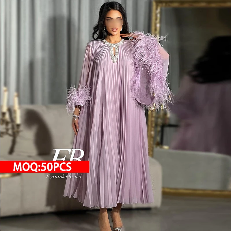 Custom Long Sleeves Feather Islamic Luxury Pleated Chiffon New Model Femme Robe Luxury Muslim Beaded Crystal Abaya Women Dubai