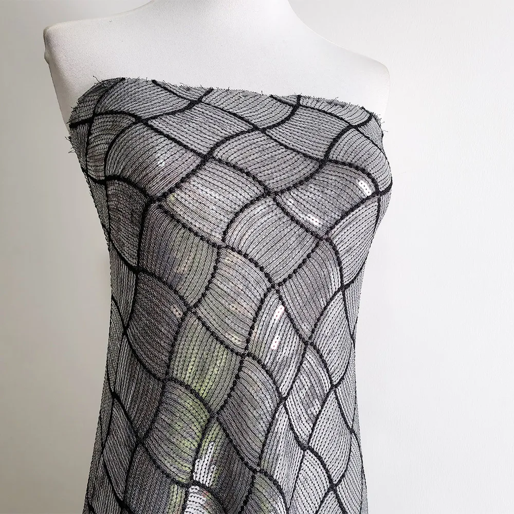 Silver Black Sequin Tube on Tulle Geometric Embroidered Lace for Disco Dress