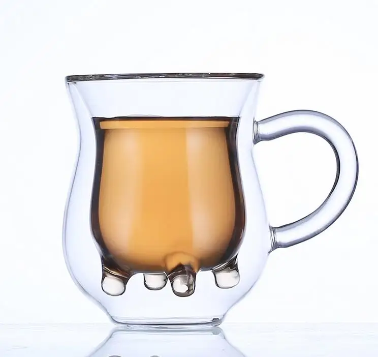Custom Funny Cow Shape Design Double Layer Glass Coffee Milk Mug Cup With Logo Customize