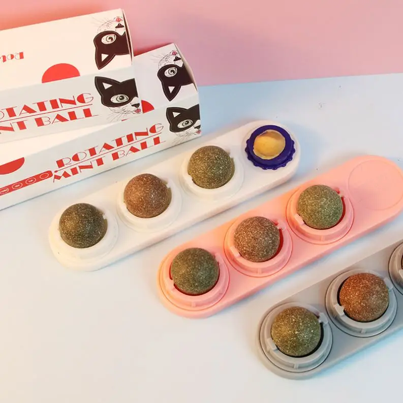 Rotated Ball Pet Treat Toys Chew Set Teething Catnip Ball Mounted Edible Ball Self-Adhesive Wall