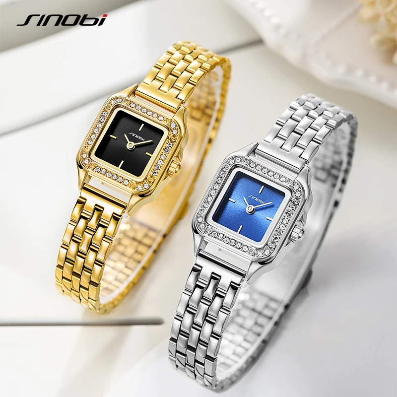 Sinobi 9867 Custom  Square Dial Wrist Real Natural Watch Luxury Fashion Silver Diamond Gold  Square Quartz Watches
