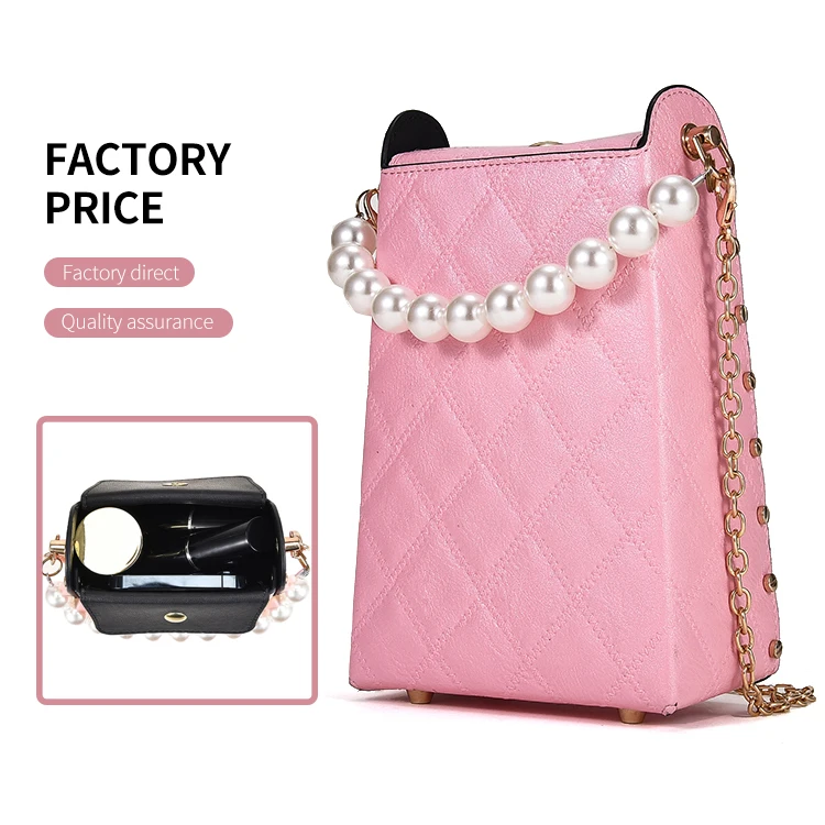 Handle Classic Diamond Sewing Crossbody Single Strap Shoulder Bag Mobile Phone Pearl Pu Leather for Girls Factory Pink Polyester