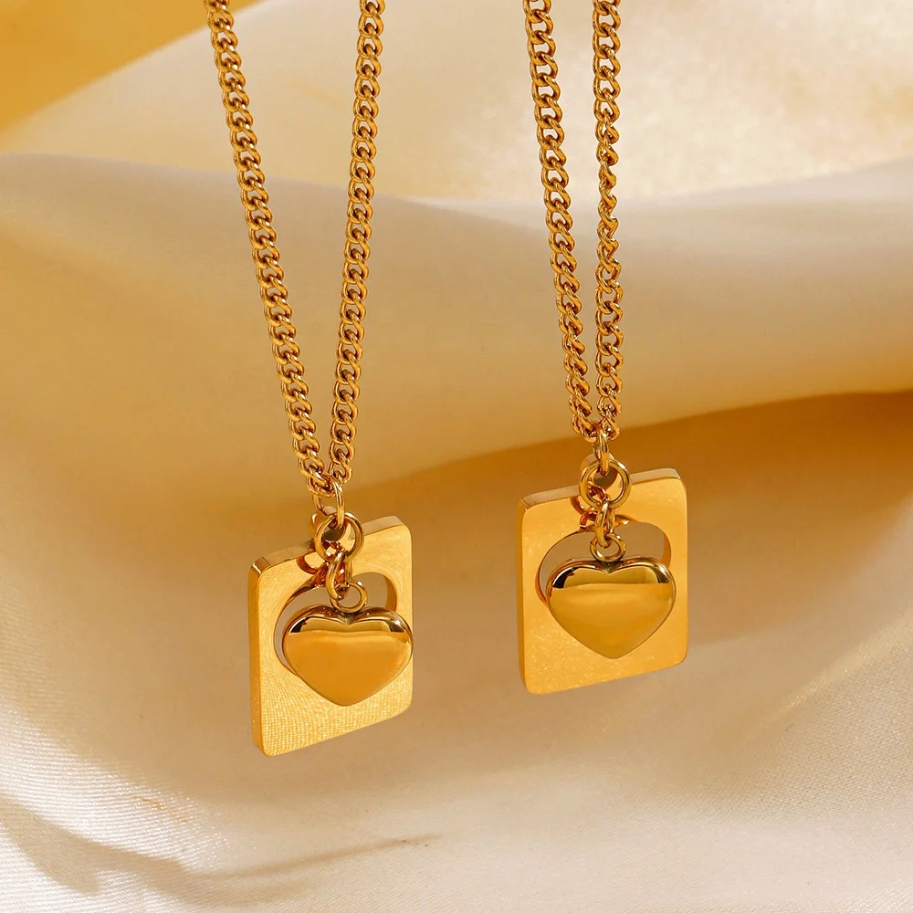 18k Gold Plated Heart Pendant Necklace For Women Gift Square Necklace Fashion Simple Fine Necklace Stainless Steel Jewelry