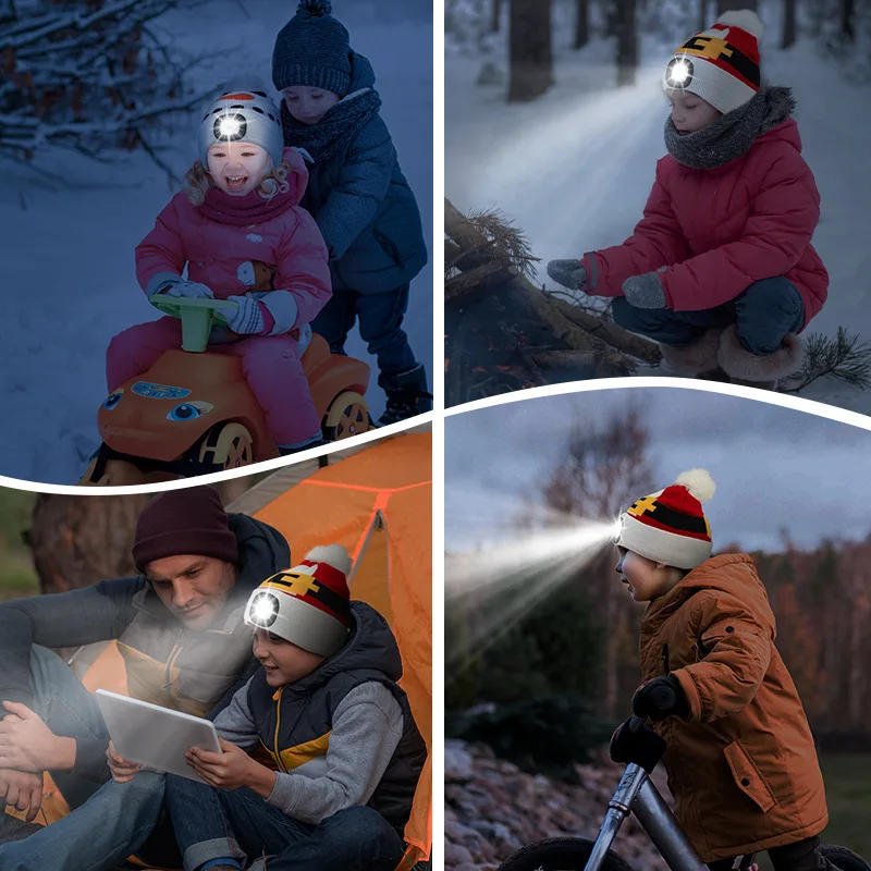 Cartoon Warm Hat with Light LED USB Rechargeable Flashlight Beanie Cap Winter Pom Headlight Knit Cuffed Hat for Kid