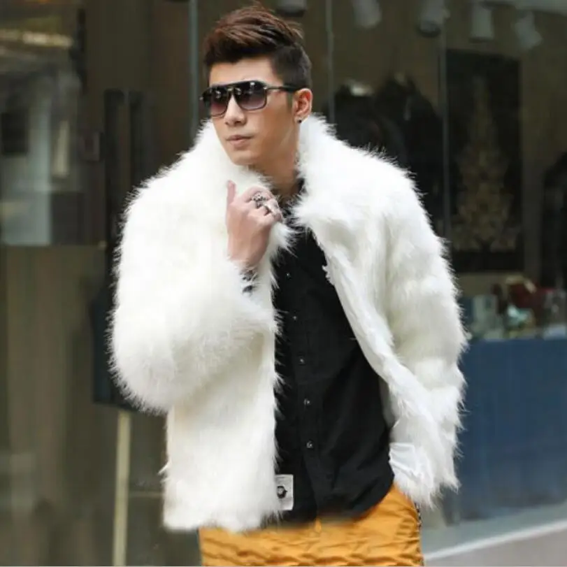 Men Fuzzy Solid Black Faux Fur Jacket Warm Plain White Grey Fuchsia Winter Fox Fur Coat