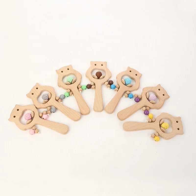 Newborn baby toys educational colorful owl shape baby rattles toys custom beech wooden toy rattle