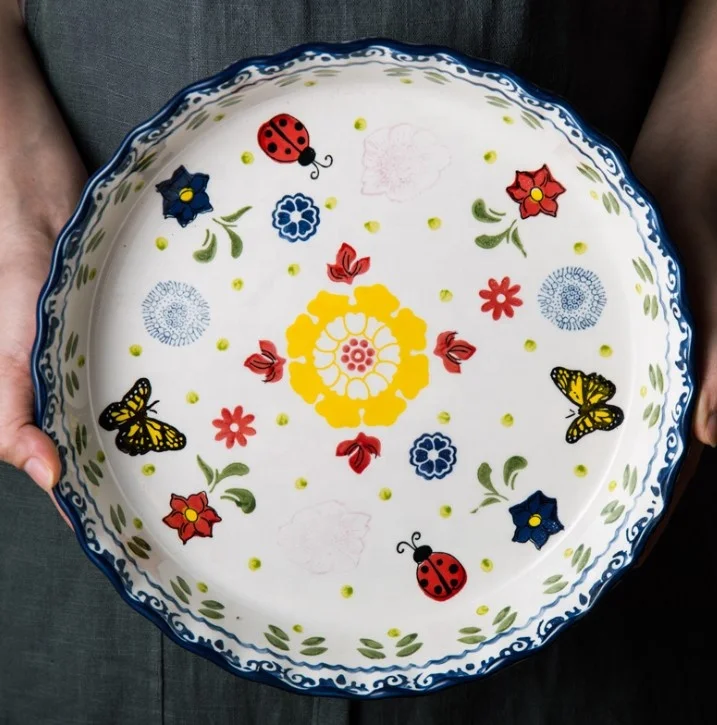 
Ceramic plate baking tray 10 inch round deep dish dinner plate 